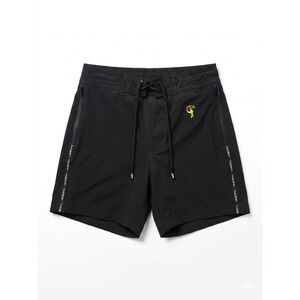 Tucann Swim Trunks Mens Black/Gold Sz S Trim Lined Pockets Stretch Logo Tropics